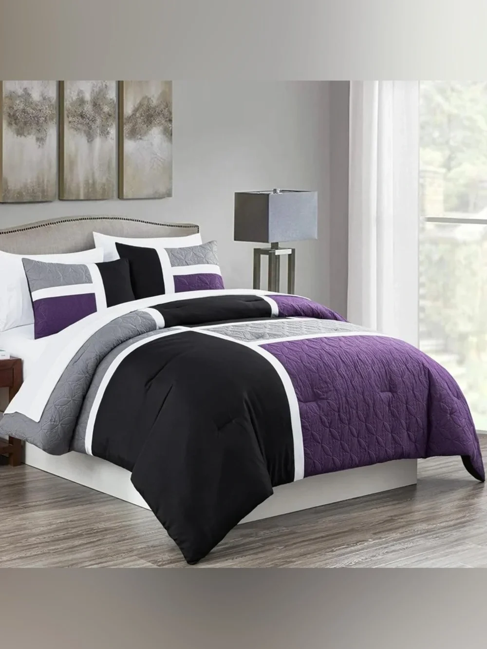 Modern Geometric Black, Purple & Gray Queen 3 piece Comforter Set